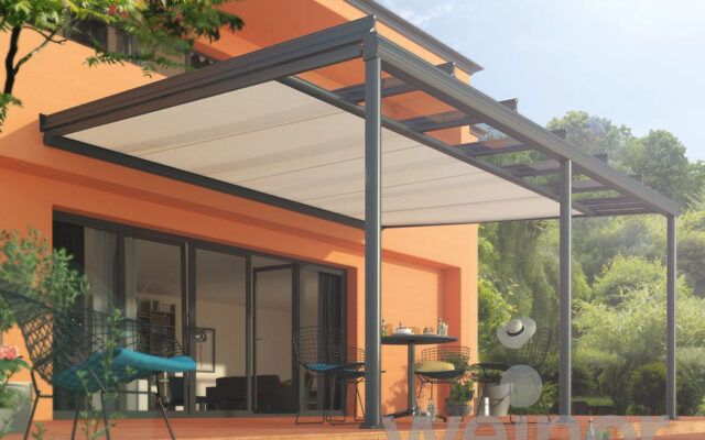 Isol&Plus - pergola en aluminium noir avec toile rétractable